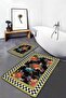Set of 2 Black Floor with Checkerboard Motif Floral Patterned Geometric Kitchen 2-Piece Bathroom Mat Set - 2