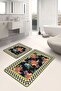 Set of 2 Black Floor with Checkerboard Motif Floral Patterned Geometric Kitchen 2-Piece Bathroom Mat Set - 6