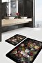 2-Piece Classic 2-Piece Bathroom & Kitchen Mat Set with Floral Motif and Leaves Pattern on Black Floor - 2