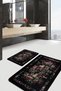 Black - Red Floor with Flower Motif Antique Floral Antique Motif 2-Piece Bathroom Kitchen Mat Set - 4