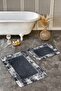 Smoked White Framed Motif Woven Carpet Patterned Antique Vintage 2-Piece Bathroom Mat Set