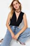 Siyah Bağlama Detaylı V Yaka Fitted/Vücuda Oturan Esnek Çıtçıtlı Örme Body TWOSS23BD00055