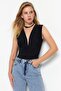 Siyah Bağlama Detaylı V Yaka Fitted/Vücuda Oturan Esnek Çıtçıtlı Örme Body TWOSS23BD00055 - 5