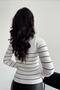 Women's White Black Striped Heart Neck Ribbed Knitwear Sweater - 4
