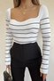 Women's White Black Striped Sweetheart Neck Knitwear Blouse - 4