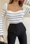 Women's White Black Striped Sweetheart Neck Knitwear Blouse - 5