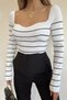 Women's White Black Striped Sweetheart Neck Knitwear Blouse - 7