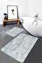طقم سجادة للحمام والمطبخ مكون من قطعتين بتصميم هندسي كلاسيكي بنمط هندسي على خلفية زرقاء