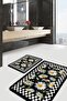 Black - White Framed Motif Daisy Floral on a Floor Simple & Stylish 2-Piece Bathroom & Kitchen Mat Set