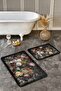 2-Piece Classic 2-Piece Bathroom & Kitchen Mat Set with Floral Motif and Leaves Pattern on Black Floor - 3