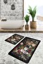 2-Piece Classic 2-Piece Bathroom & Kitchen Mat Set with Floral Motif and Leaves Pattern on Black Floor - 6