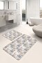 2-Piece Ecru - Floral Motif Floral Patterned Classic 2-Piece Bathroom & Kitchen Mat Set on Gray Floor