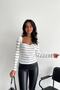 Women's White Black Striped Heart Neck Ribbed Knitwear Sweater - 2