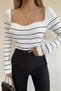 Women's White Black Striped Sweetheart Neck Knitwear Blouse