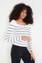 Women's White Sweetheart Neckline Striped Corduroy Knitted Blouse - 6
