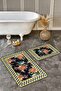 Set of 2 Black Floor with Checkerboard Motif Floral Patterned Geometric Kitchen 2-Piece Bathroom Mat Set - 5