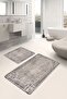 2-Piece Bath Mat Set with Framed Motif and Antique Patterned Antique Motif on Brown and White Floor