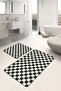 Set of 2 Black and White Antique Motif Checkerboard Patterned Geometric Classic 2-Piece Bath Mat Set - 2