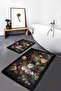 2-Piece Classic 2-Piece Bathroom & Kitchen Mat Set with Floral Motif and Leaves Pattern on Black Floor