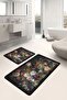 2-Piece Classic 2-Piece Bathroom & Kitchen Mat Set with Floral Motif and Leaves Pattern on Black Floor - 5