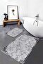 Gray - Black Framed Motif Marble Patterned Classic Antique Motif 2-Piece Bathroom Mat Set - 2