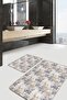 2-Piece Ecru - Floral Motif Floral Patterned Classic 2-Piece Bathroom & Kitchen Mat Set on Gray Floor - 5