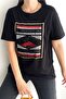 Women's Black Leopard Detailed Foil Printed Sequin Sequin Embroidered Cotton T-Shirt