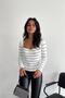 Women's White Black Striped Heart Neck Ribbed Knitwear Sweater - 3