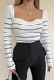 Women's White Black Striped Sweetheart Neck Knitwear Blouse - 3