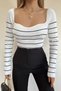 Women's White Black Striped Sweetheart Neck Knitwear Blouse - 6