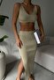 Women's Beige Crop Bustier Slit Skirt Double Set 23S35016