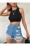 Women's High-Waist Distressed Pocketed Denim Shorts Blue - 3