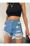Women's High-Waist Distressed Pocketed Denim Shorts Blue - 6