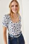 Women's Floral White Square Collar Short Sleeve Knitted Blouse BLZ-19001883 - 2