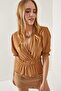 Women's Camel Waist Elastic Double Breasted Blouse BLZ-19002187 - 4