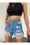 Women's High-Waist Distressed Pocketed Denim Shorts Blue - 5