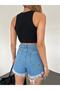Women's High-Waist Distressed Pocketed Denim Shorts Blue - 8