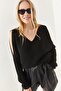 Women's Black V-neck Shoulder Low-cut Casual Knitwear Blouse BLZ-19002191