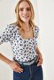 Women's Floral White Square Collar Short Sleeve Knitted Blouse BLZ-19001883 - 3