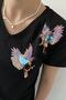 Women's Black V-Neck Shoulder Bird Sequin Sequin Embroidered 100% Cotton T-Shirt - 2