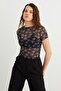 Women's White Clover Patterned Crew Neck Short Sleeve Baby Overlock Detailed Tulle Transparent Blouse - 5