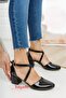 Women's Black Patent Leather Cross Model Heeled Classic Shoes