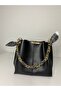 Women's Soft Leather 3-Compartment Hand, Arm, and Shoulder Bag with Black Scarf and Chain Accent