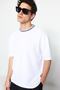Basic Beyaz Relaxed/Rahat Kesim Triko Bant Dokulu Pike T-Shirt TMNSS23TS00079 - 3