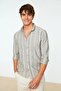 Haki Slim Fit Düğmeli Yaka İnce Çizgili Gömlek TMNSS20GO0092 - 6