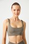 Ruched Khaki Lightly Supported Drawstring Strap Detailed Covered Sports Bra - 3