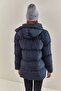 Women's Dark Blue Hooded Lace-Up Long Puffer Coat 30301009 - 2
