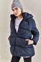 Women's Dark Blue Hooded Lace-Up Long Puffer Coat 30301009