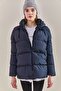 Women's Dark Blue Hooded Lace-Up Long Puffer Coat 30301009 - 3