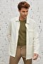 Men's Beige Comfort Fit Relaxed Cut Hidden Button Collar 100% Cotton Winter Shirt Jacket